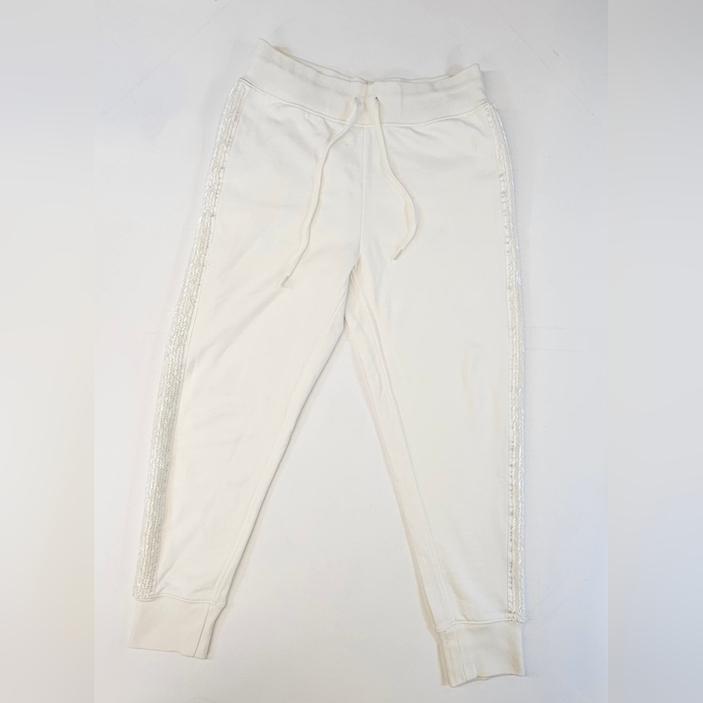 Polo Ralph Lauren Womens Sweatpants Small White Beaded Side Stripe Jogger Sequin